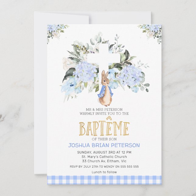 Invitation Bébé Bleu Floral Français Peter Rabbit Baptême (Devant)