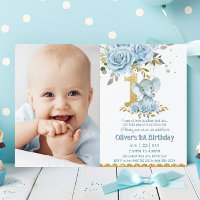 Bébé bleu floral mignon éléphant 1er anniversaire 