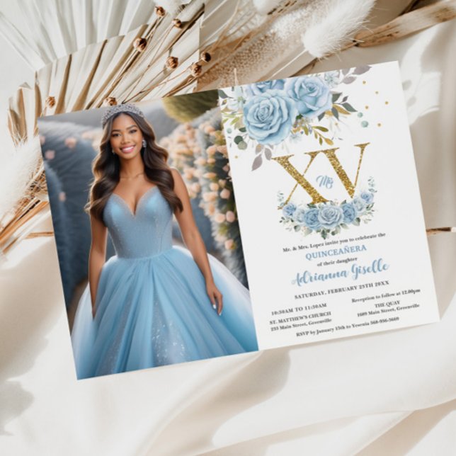 Invitation Bébé Bleu Floral Or XV Quinceañera Quince Photo (Créateur téléchargé)