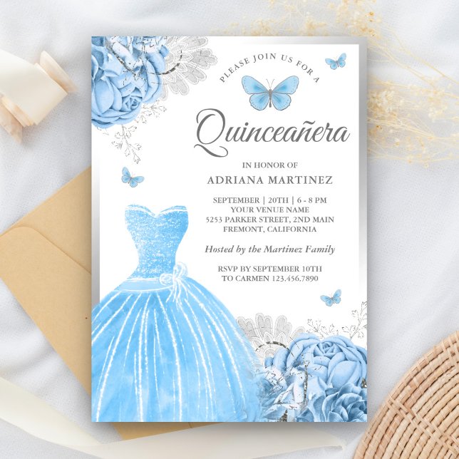 Invitation Bébé Bleu Floral Papillon Argent Quinceanera (Créateur téléchargé)