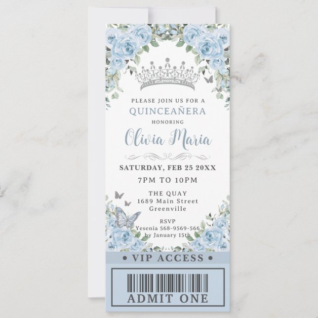 Invitation Bébé Bleu Floral Papillon Quinceañera VIP Billet (Devant)