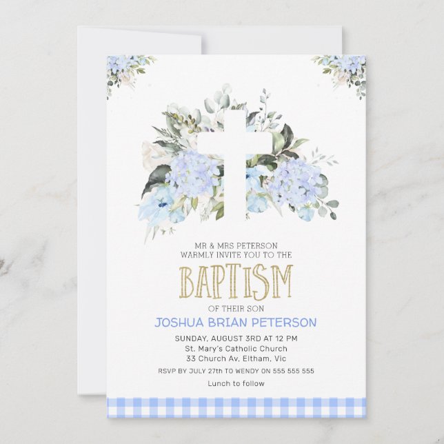 Invitation Bébé Bleu Floral Plaid Cross Baptism (Devant)