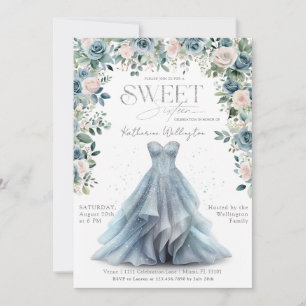 Invitation Bébé Bleu Floral Princesse Robe Douce 16 Seize