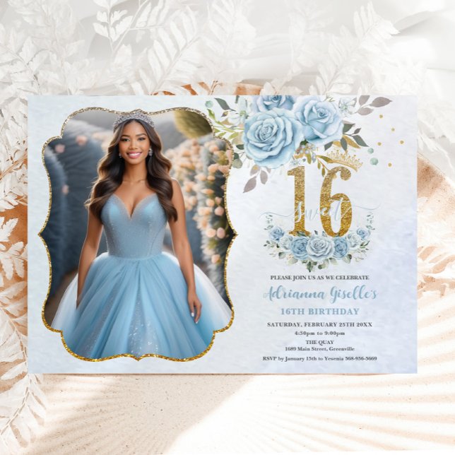 Invitation Bébé Bleu Floral Sweet sixteen Or Anniversaire Pho (Créateur téléchargé)