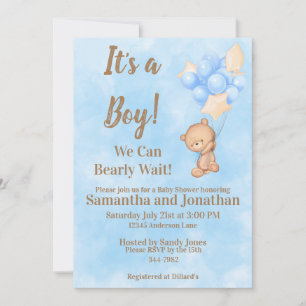 Invitation Bébé bleu Garçon Bearly Wait Teddy Bear Baby showe