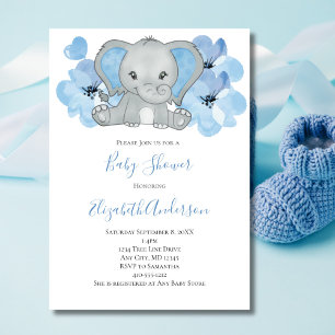 Invitation Bébé bleu garçon éléphant Baby shower fleurs ballo