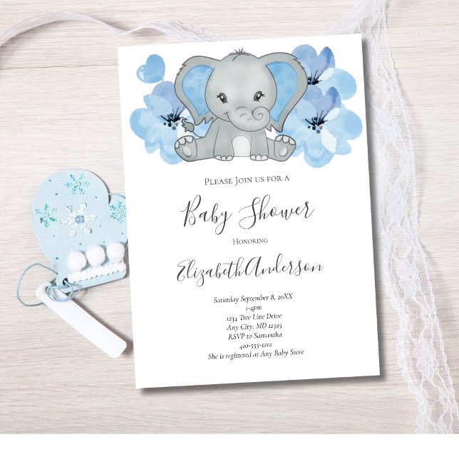 Invitation Bébé bleu garçon éléphant Baby shower fleurs ballo (Blue and Gray Elephant Baby Boy Baby Shower Invitation)