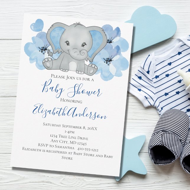 Invitation Bébé bleu garçon éléphant Baby shower fleurs ballo (Créateur téléchargé)