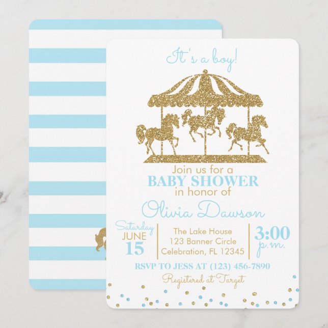 Invitation Bébé Bleu & Gold Carousel Baby shower garçon (Devant / Derrière)