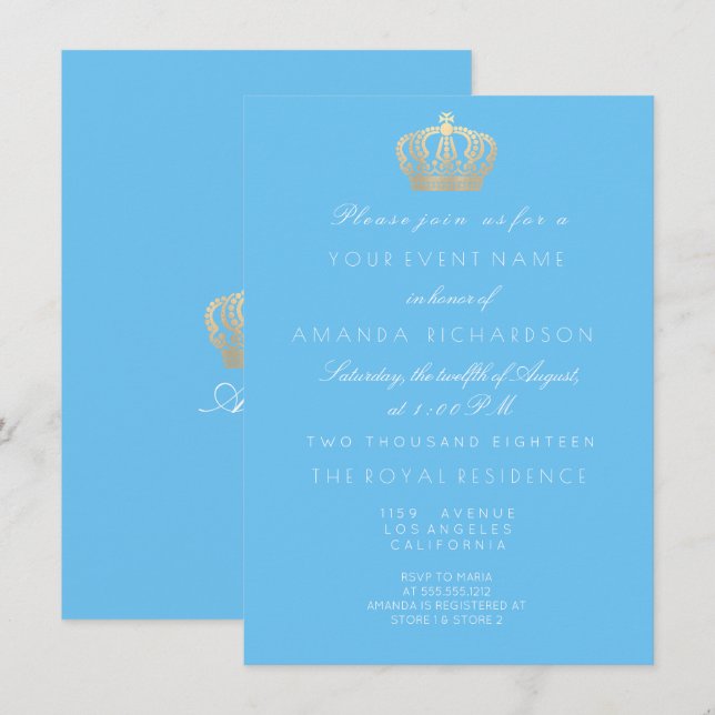Invitation Bébé Bleu Golden Couronne Royal Pastel Blanc (Devant / Derrière)