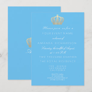 Invitation Bébé Bleu Golden Couronne Royal Pastel Blanc