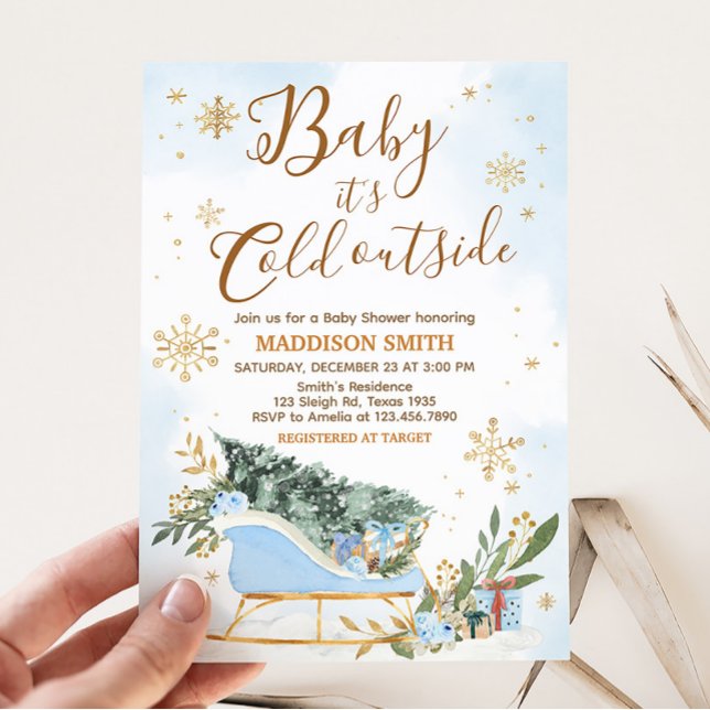 Invitation Bébé bleu Il fait froid dehors Baby shower (Gold Snowflake Baby Shower Invitation)