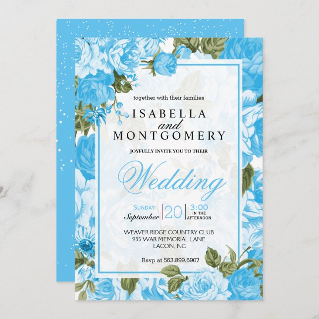 Invitation Bébé bleu Mariage floral classe (Devant / Derrière)