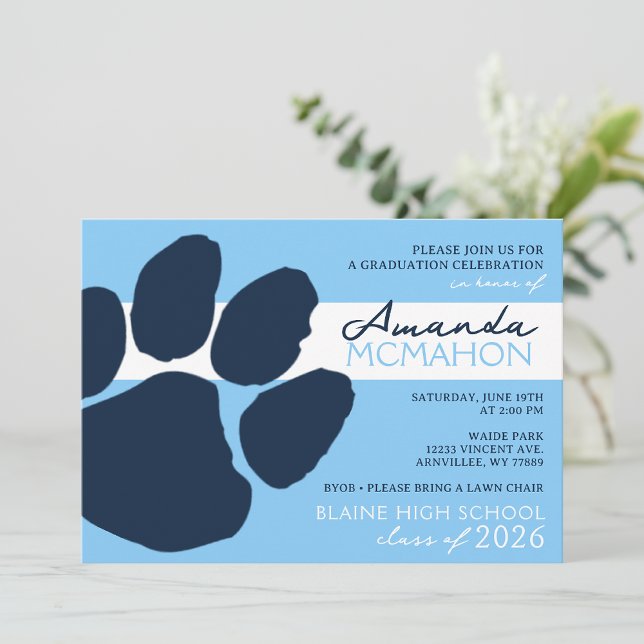 Invitation Bébé bleu & Marine Élégante Pawprint (Photo Retour (Créateur téléchargé)
