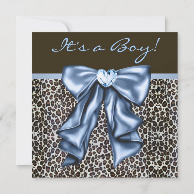Invitation Bébé Bleu Marron Léopard Bébé Garçon Shower (Devant)
