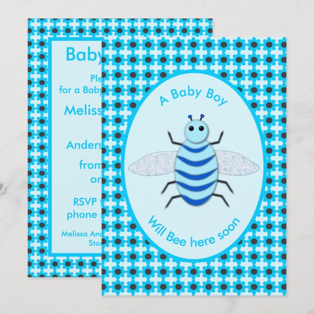 Invitation Bébé Bleu mignon Bee Bee Baby shower personnalisé (Devant / Derrière)