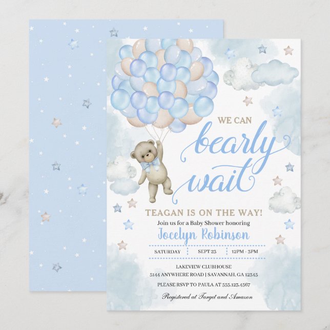 Invitation Bébé Bleu mignon Ours En Teddy Baby shower Ballons (Devant / Derrière)