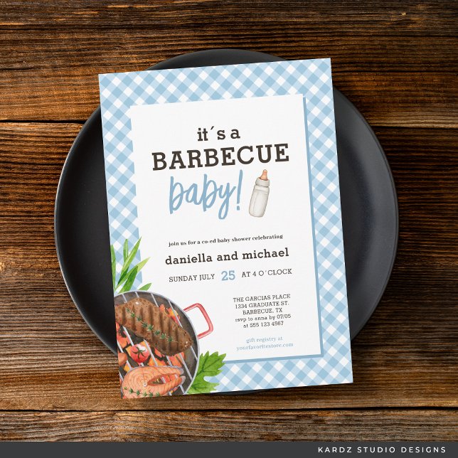 Invitation Bébé bleu moderne En vichy Baby shower barbecue (Invite shown in 5 x 7 inches, choose size, paper and corner style. Buy print or digital invitations.)