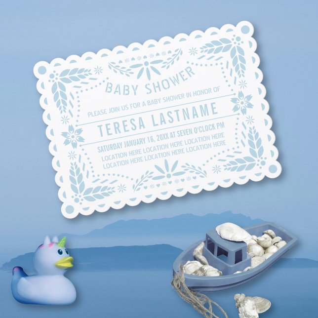 Invitation Bébé bleu papel picado blanc bébé douche (Créateur téléchargé)