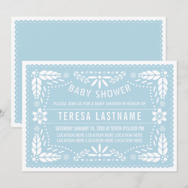 Invitation Bébé bleu papel picado mexicain bébé douche (Devant / Derrière)