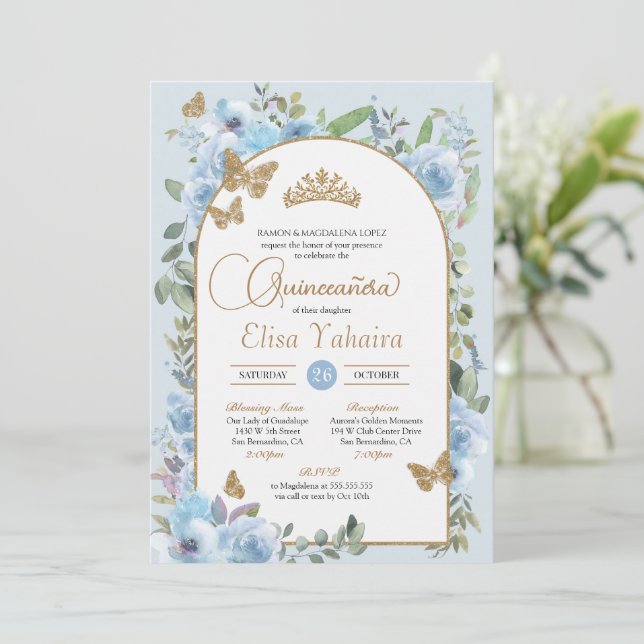 Invitation Bébé Bleu Papillon aquarelle Floral Quinceañera (Debout devant)