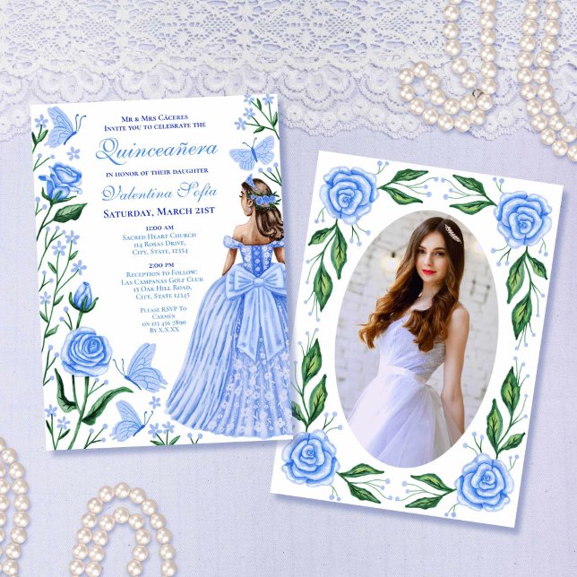 Invitation Bébé Bleu Papillons Princesse Photo Quinceanera (Baby Blue Butterflies Princess Photo Quinceanera Invitation)