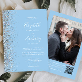 Invitation Bébé bleu Parties scintillant argent Photo QR Code