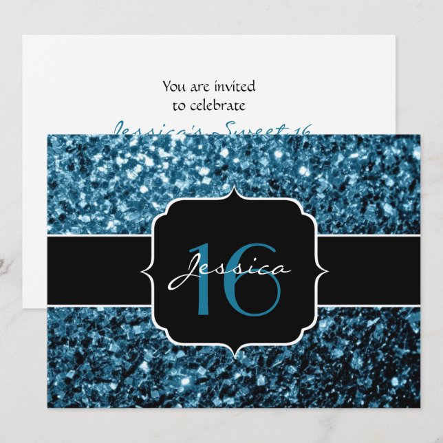 Invitation Bébé bleu parties scintillant mousseux Sweet 16 In (Devant / Derrière)