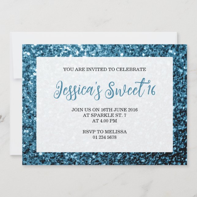 Invitation Bébé bleu parties scintillant scintille Sweet 16 é (Devant)