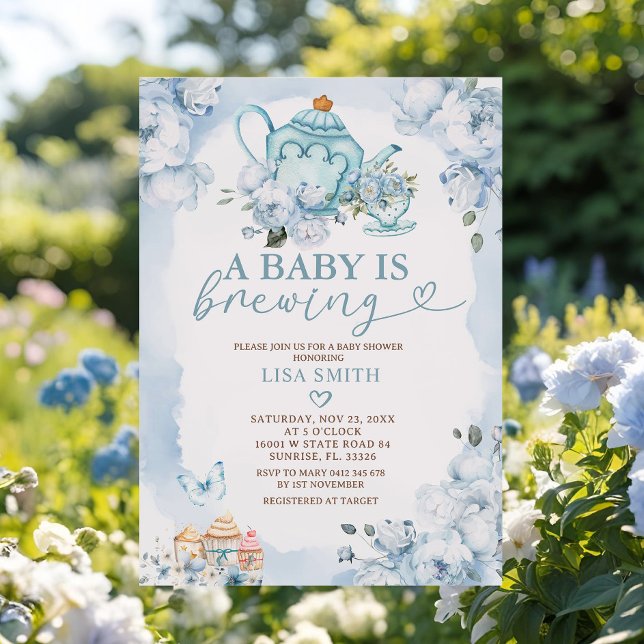 Invitation Bébé bleu poussiéreux brasse du Baby shower floral (Créateur téléchargé)