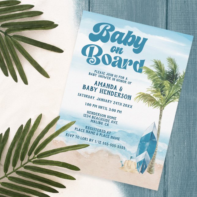 Invitation Bébé bleu rétro à bord Baby shower Surf (Créateur téléchargé)
