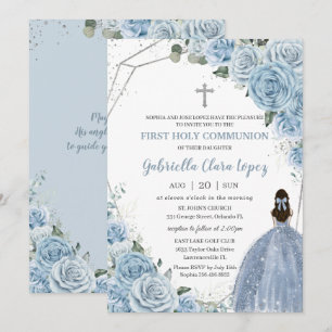Invitation Bébé Bleu Rose Fleurs Fille Première Sainte Commun