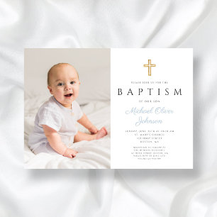 Invitation Bébé Bleu Script Croix Boy Photo Baptême