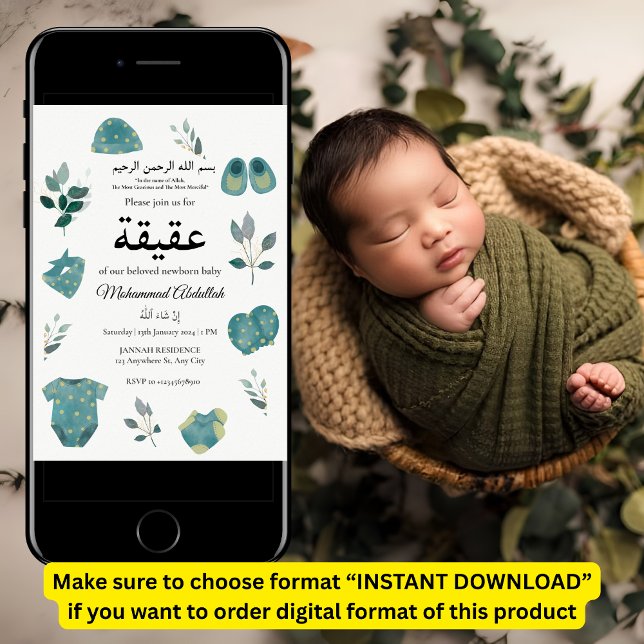Invitation Bébé bleu vêtements garçon Aqiqah Aqeeqa Musulman (Créateur téléchargé)