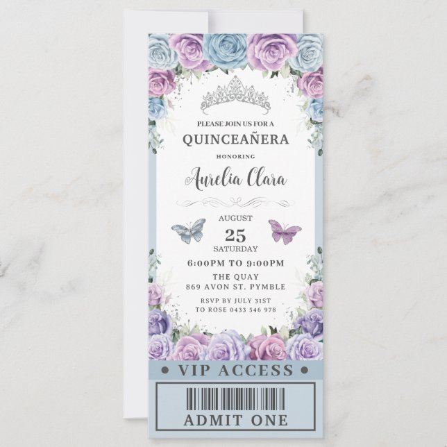 Invitation Bébé bleu violet Floral Quinceañera 16 VIP Billet (Devant)