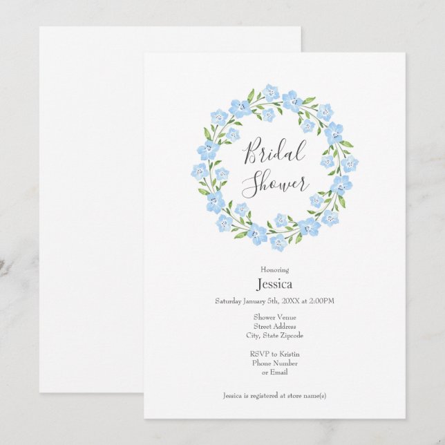 Invitation Bébé bleu yeux aquarelle Floral Wreath (Devant / Derrière)