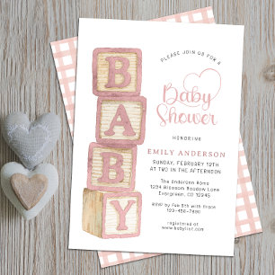 Invitation Bébé Blocks Fête de Naissance Cottage Gingham Rose