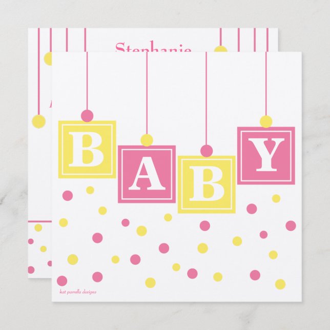 Invitation BÉBÉ Blocs Baby shower Jaune rose (Devant / Derrière)