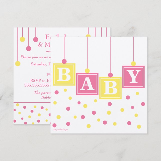 Invitation BÉBÉ Blocs Couples de filles jaunes roses Baby sho (Devant / Derrière)
