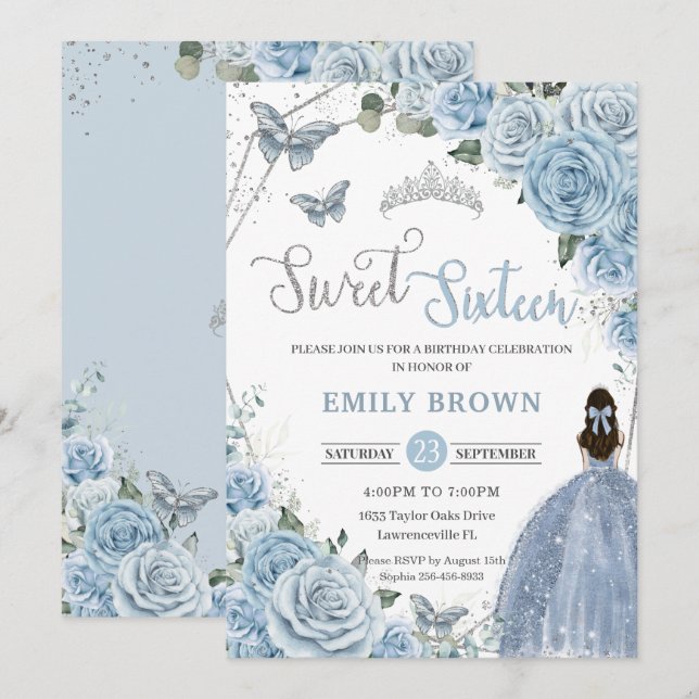 Invitation Bébé Blue Floral Papillons Princesse Sweet 16 (Devant / Derrière)