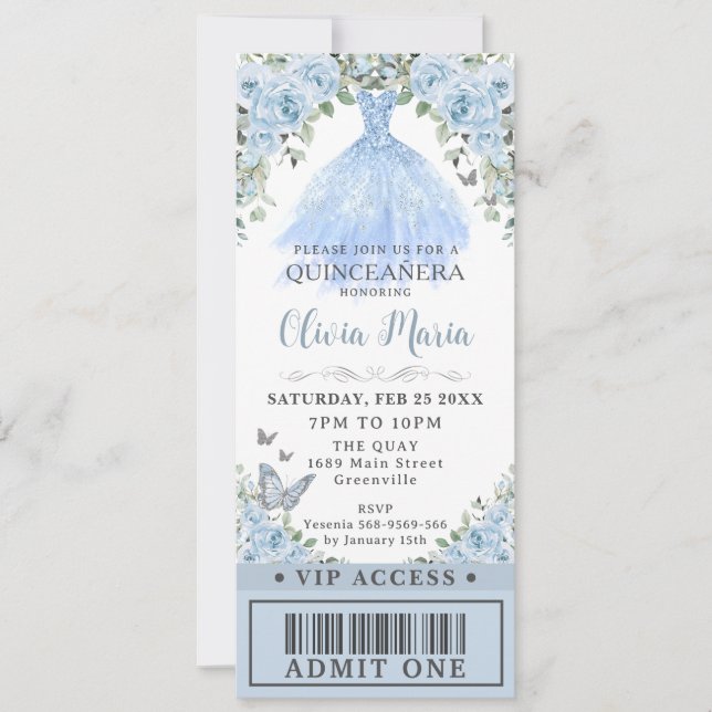 Invitation Bébé Blue Floral robe Quinceañera VIP Ticket (Devant)