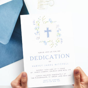 Invitation Bébé Blue Floral Wreath & Cross Baby Dedication