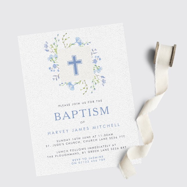 Invitation Bébé Blue Floral Wreath & Cross Baptism (Créateur téléchargé)