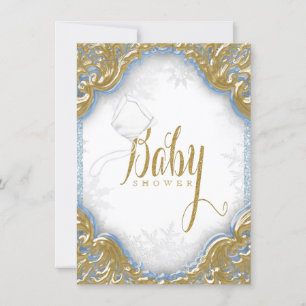 Invitation Bébé Blue Gold Boy Snowflake Baby shower