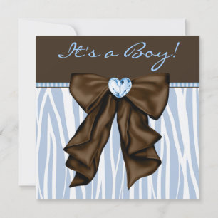 Invitation Bébé Blue Zebra Brown Baby Boy Show