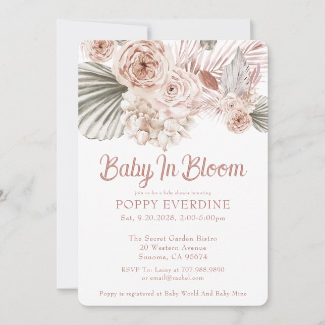 Invitation Bébé Boho En Fleur Baby shower Fille Rose (Devant)