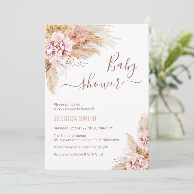 Invitation Bébé Boho Rose Floral Pampas Baby shower en herbe (Debout devant)
