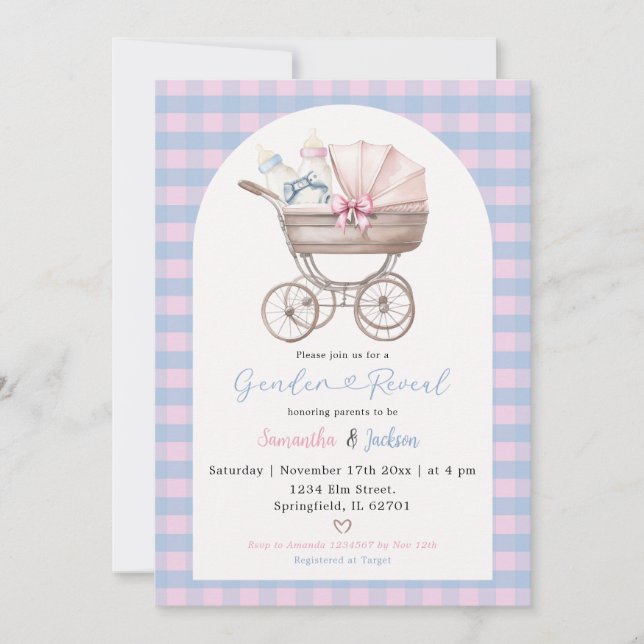 Invitation Bébé Bouteille Porte Bleu Rose En vichy Révélation (Devant)