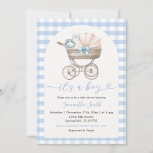 Invitation Bébé Bouteille Porte-En vichy Bleu Baby shower