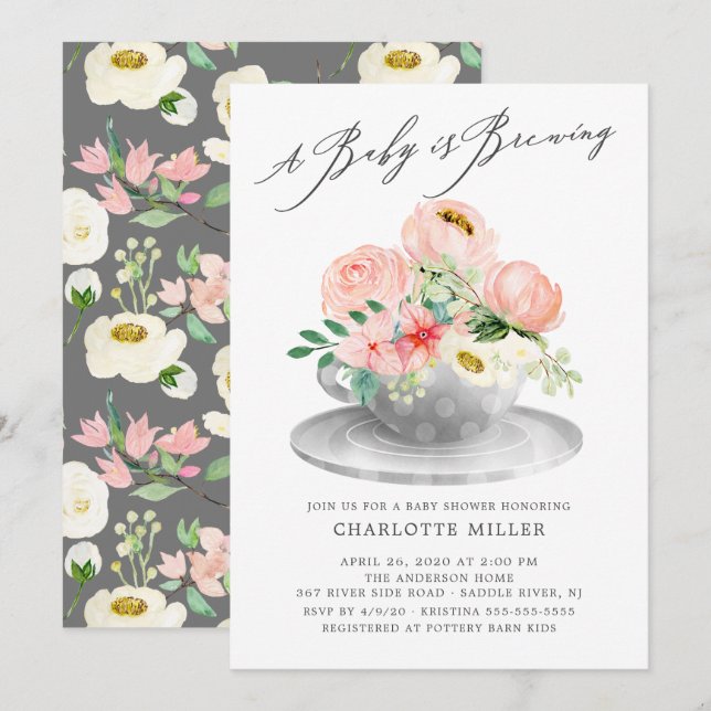 Invitation Bébé brasse des pivoines roses Floral Baby Tea (Devant / Derrière)
